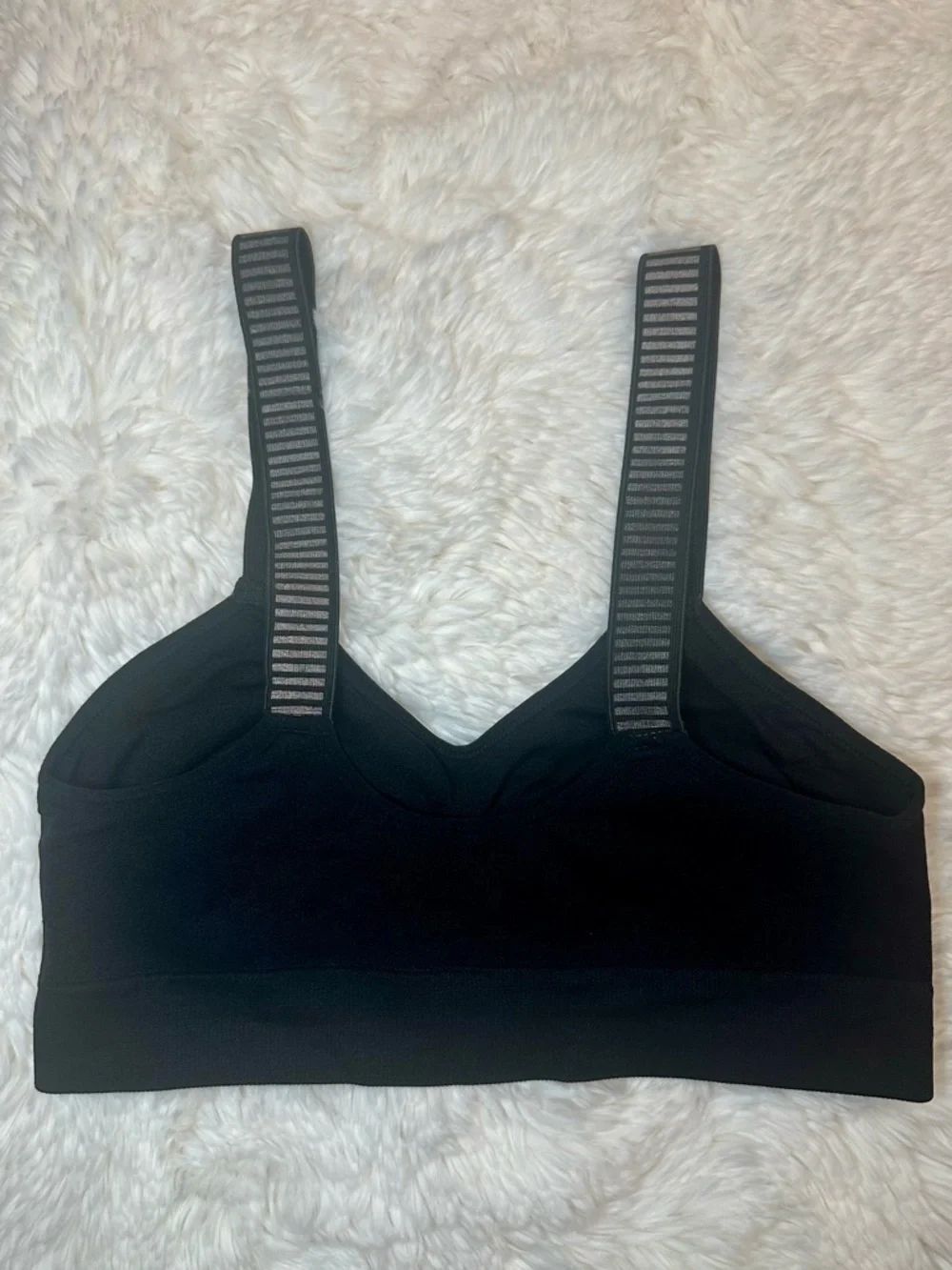 Bebe Sport Black Sports Bra Silver Stripe Straps Medium Athleisure Activewear